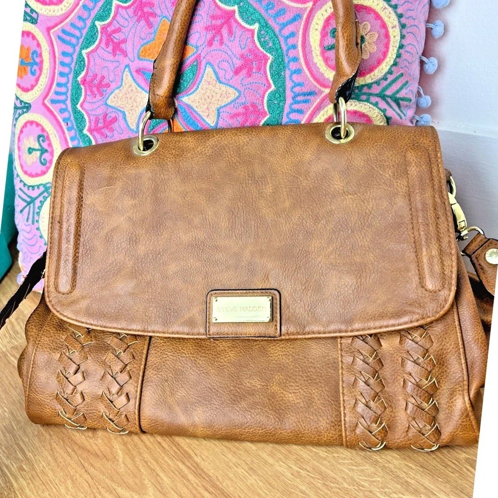 Steve Madden Handbag Vegan Leather Bag Brown Purse CrossBody + Handle Boho Hippy